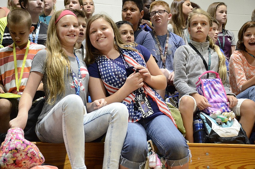 Lauren Gilbride and Rachel Mahon, sixth-graders, dressed up in red, white and blue.
