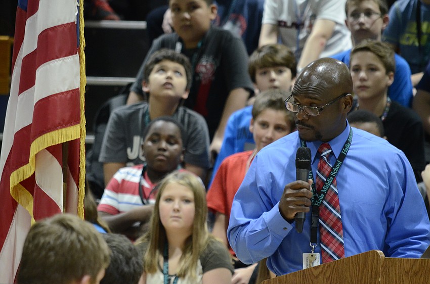 Louis Jackson, a teacher's aide at Haile, was the MC for assembly. Jackson is a Navy veteran.