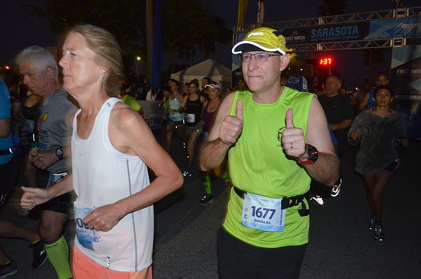 Douglas Clark gives the thumbs up as he begins his race.