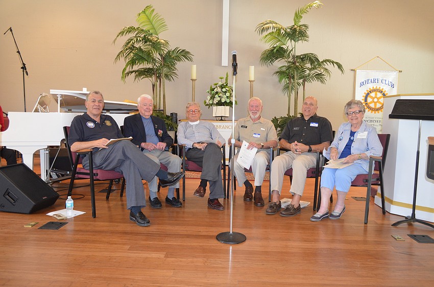 Event coordinator Nick Kovalakides, of the Marine Corps, with speakers John Casey, of the Army, the Rev. Vincent Carroll, of the Navy, Chuck Fuller, of the Army Air Corps, Joe Palumbo, of the U.S. Coast Guard, and Evelyn Fresch, of the Women’s Army Corps