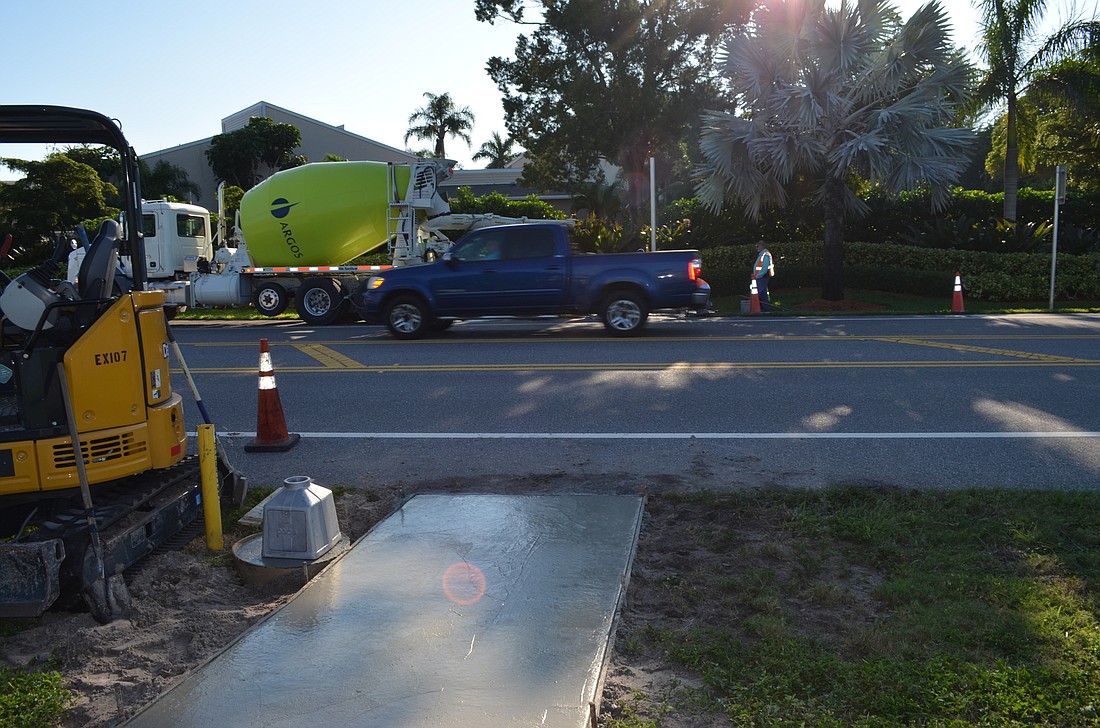 A crosswalk at Companion Way in the 5600 block of Gulf of Mexico Drive was being constructed Wednesday.