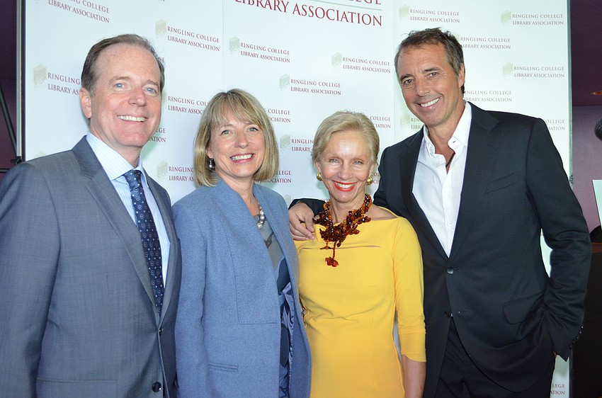 Presenting sponsors Jay Price and Leslie Juron with 2015 Town Hall Chairwoman, Nancy Morgan and with speaker Dan Buettner.