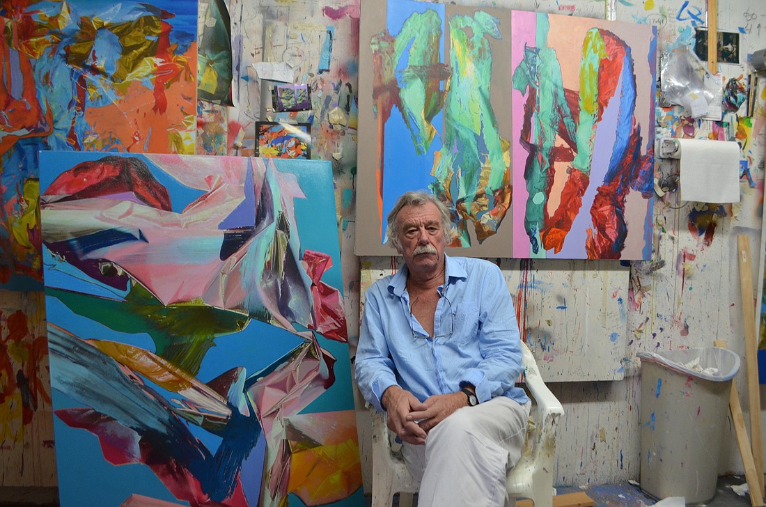 Hugh Davies plays and experiments with the power and texture of color and space in his garage art studio.