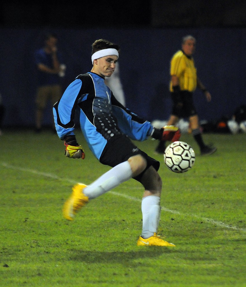 Sophomore goalkeeper Grady Martin sends the ball down the field in the first half.