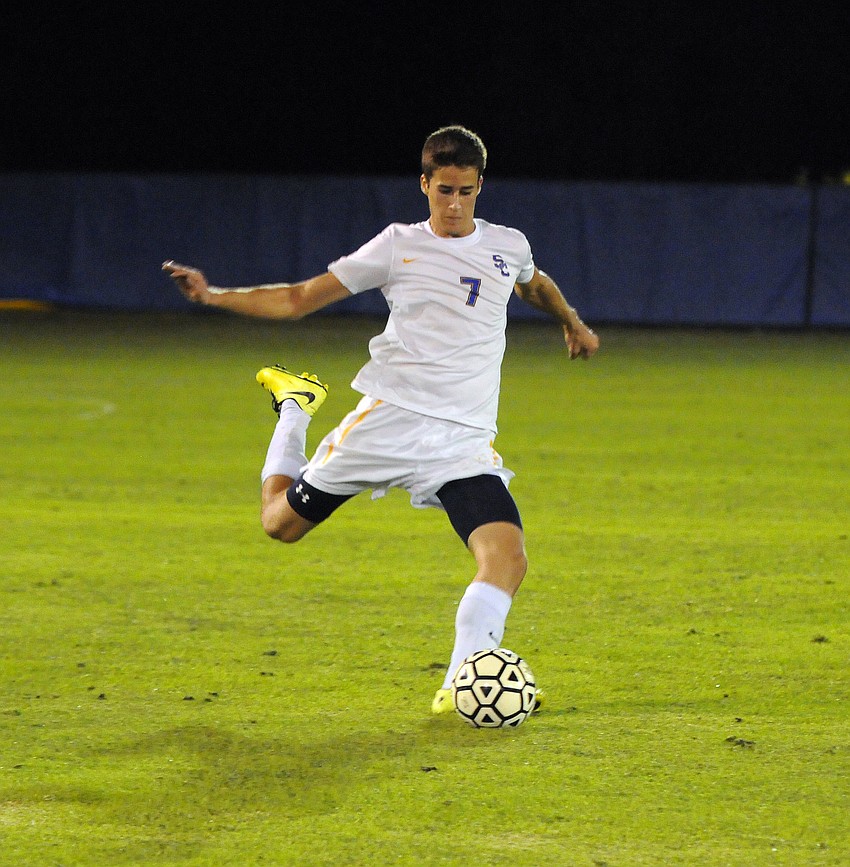 Sarasota Christian junior Tanner Stutzman takes a free kick for the Blazers.
