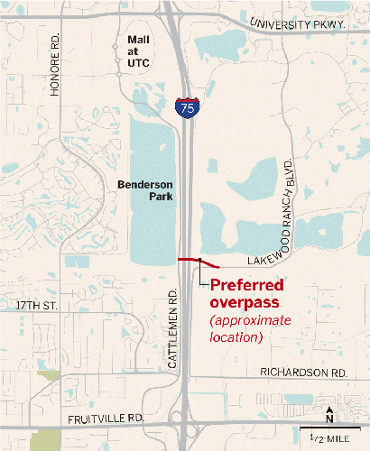 The overpass, as Schroeder-Manatee Ranch officials suggest, would dead end into Cattlemen Road, somewhere north of the southern boundary of the lake at Nathan Benderson Park.