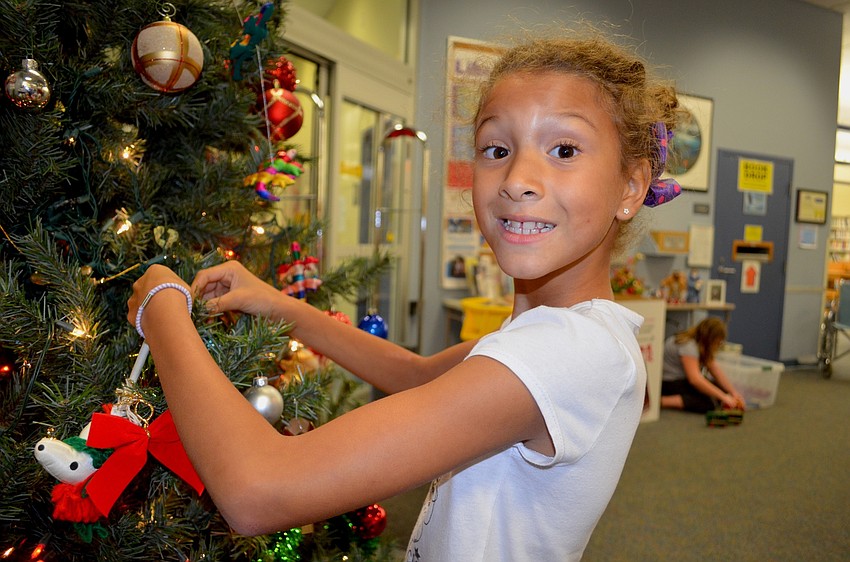 Seven-year-old Calen Brown, of Bradenton, puts the finishing touches on the Christmas tree.