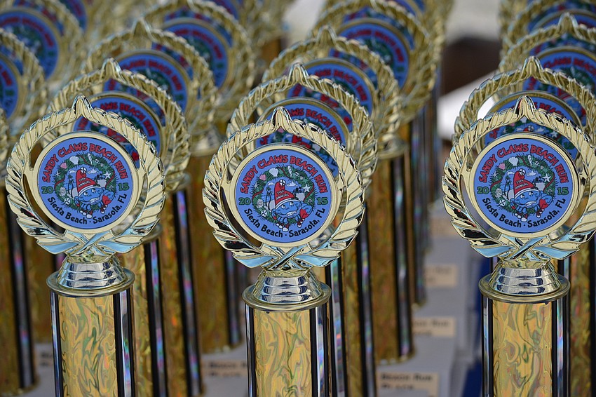 Trophies wait for participants of the 5K.