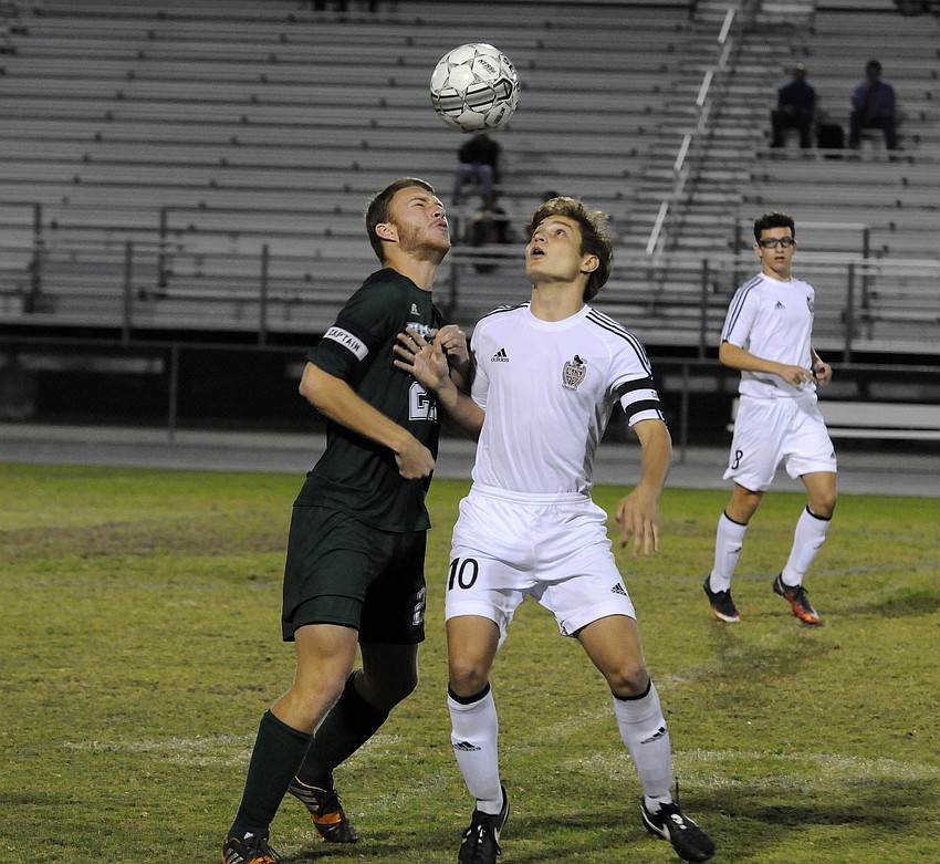 Braden River's Domenic Aluise goes up for a header in the first half versus Venice.