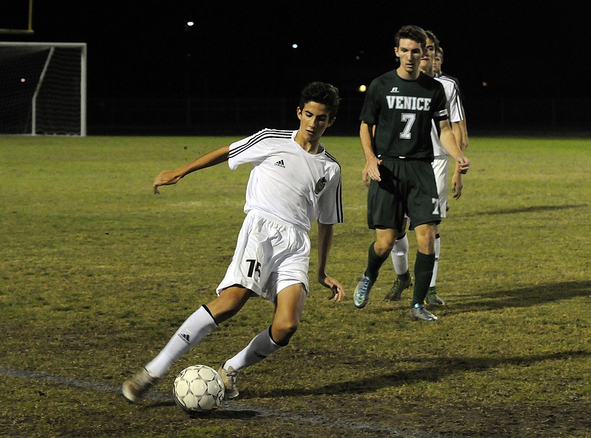 Braden River freshman Nicholas Anderson sends the ball up the field.