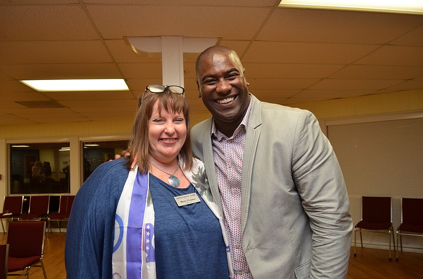 Democractic Club of Sarasota President Mary Clupper with guest speaker Neil Phillips.