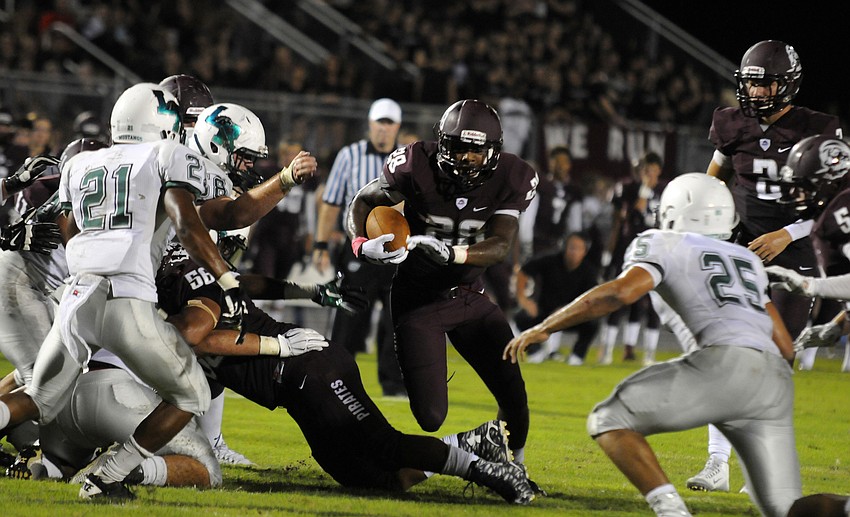 Braden River running back DeShaun Fenwick carried the ball 10 times for 63 yards and a pair of touchdowns in the Pirates' 41-0 victory against rival Lakewood Ranch Sept. 18.