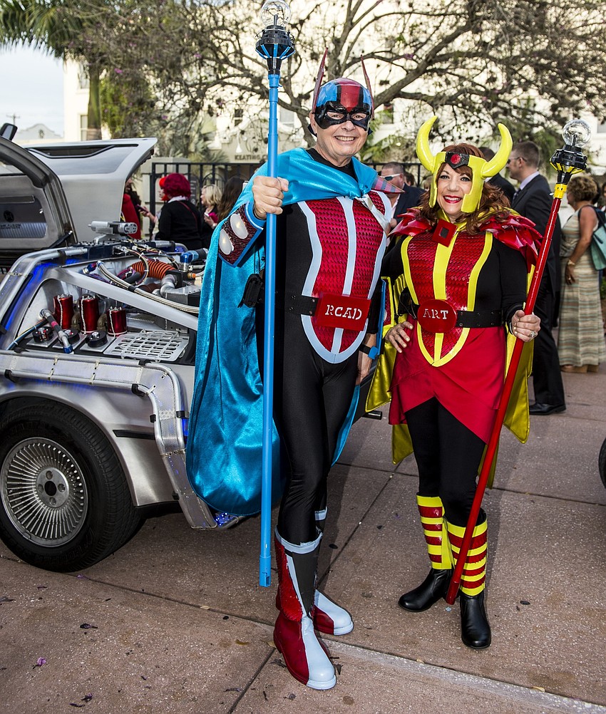 Dr. Larry and Pat Thompson dressed as Captain Creative and The Imaginator and arrived in a 1982 DeLorean to the Ringling’s An Evening at Avant Garde ‘Comic Capers’ March 22.