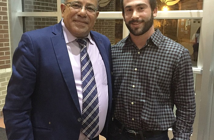 Human rights activist Bassam Eid was interviewed by Lakewood Ranch graduate Jared Dipsiner after his presentation at the University of Central Florida.