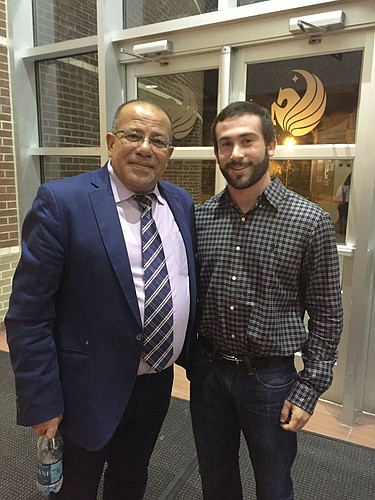 Human rights activist Bassam Eid was interviewed by Lakewood Ranch graduate Jared Dipsiner after his presentation at the University of Central Florida.