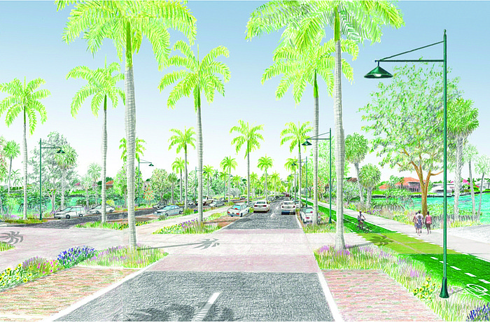 A concept drawing of John Ringling Boulevard highlights several goals of the new code, including more native landscaping, more multimodal transit options and stronger connections between neighborhoods. Courtesy rendering
