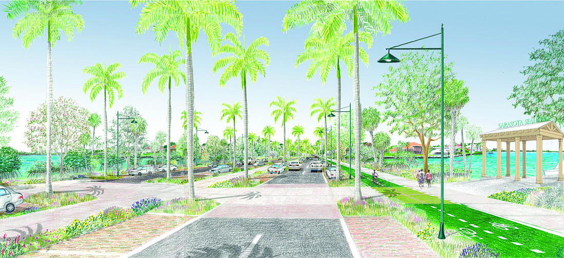 A concept drawing of John Ringling Boulevard highlights several goals of the new code, including more native landscaping, more multimodal transit options and stronger connections between neighborhoods. Courtesy rendering