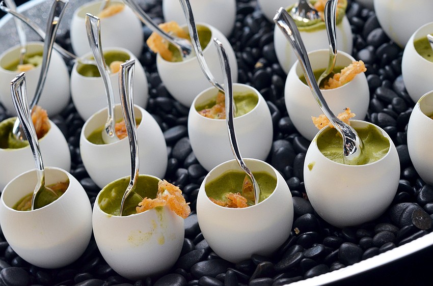 Sweet corn panna cotta, asparagus and crispy shallots from Sophie’s at Saks Fifth Avenue