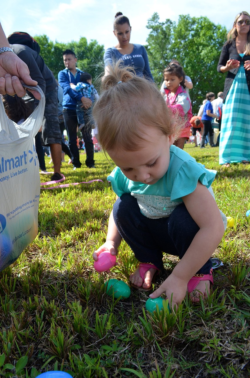 Addisyn Harper gathers eggs while her mother holds her bag.