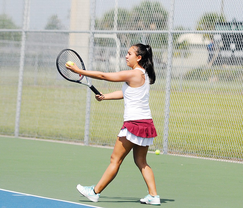 Braden River High’s Maria Ojeda prepares to serve the ball during her No. 2 singles match March 24.