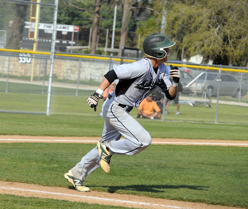 Lakewood Ranch junior Brendan Lewellen races down the first base line.
