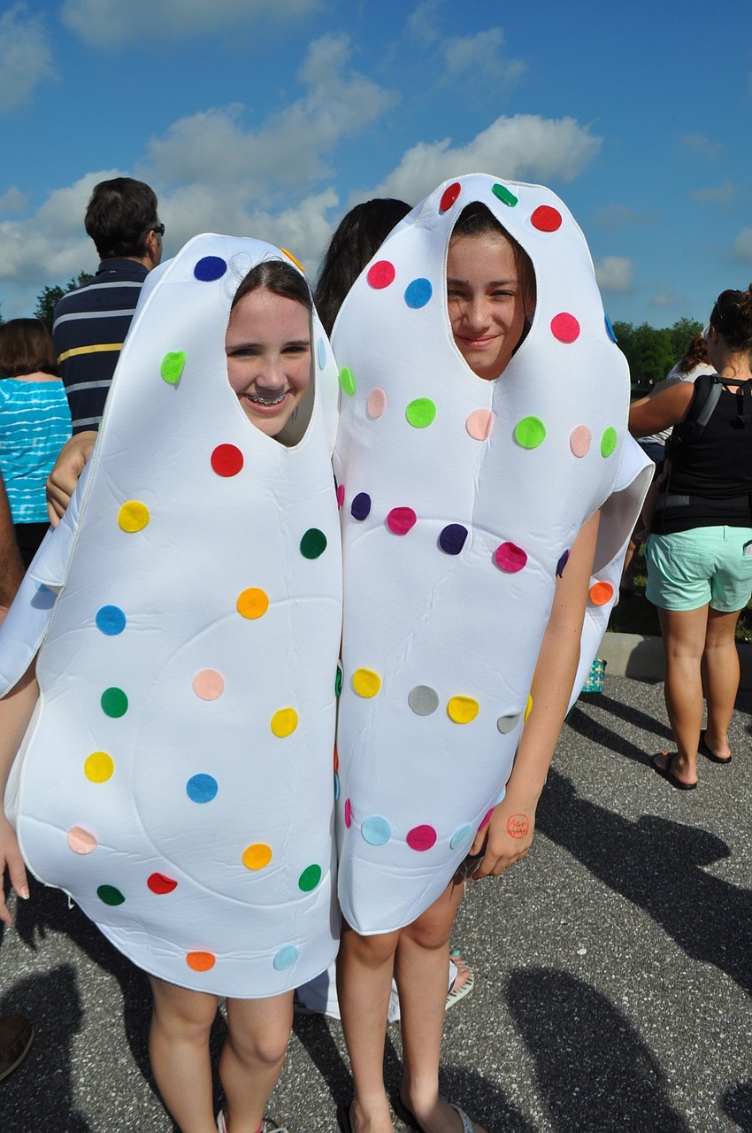 Lucy Lawrence and Sophie Preston dress as Easter eggs.