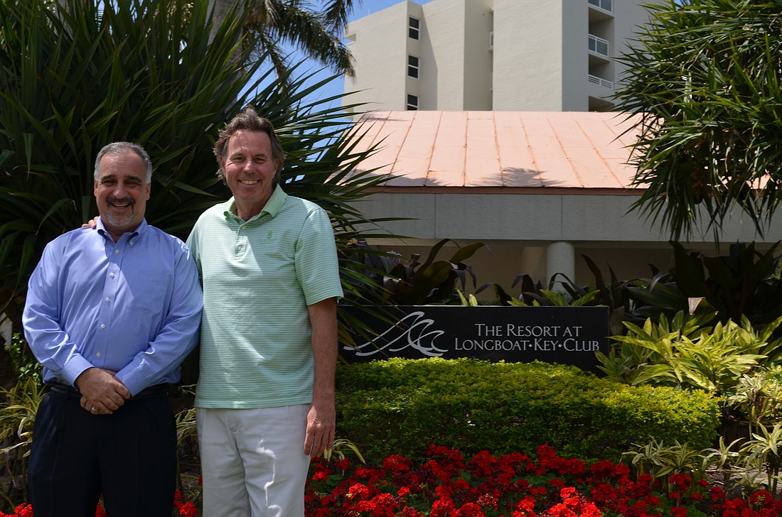 Mark Walsh, vice president of Ocean Properties, right, and Andy Berger, vice president of operations for Ocean Properties, have been making weekly trips to Longboat Key from Delray Beach to present a rough sketch of a future Key Club project.
