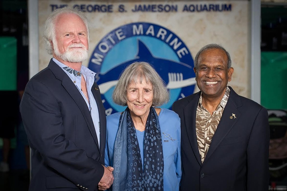 Mote President/CEO Michael Crosby, founder Genie Clark and President Emeritus Kumar Mahadevan (Courtesy Mote Marine Laboratory)