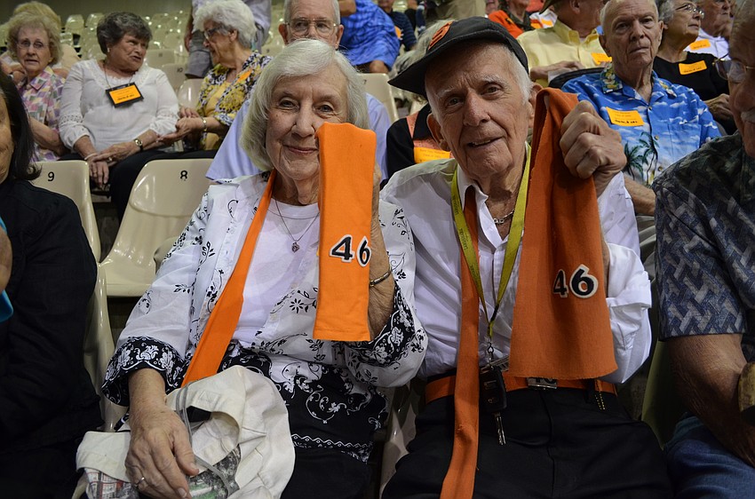 Suzette Jennings Blue and Charles Rice made scarves to represent their class of 1946.