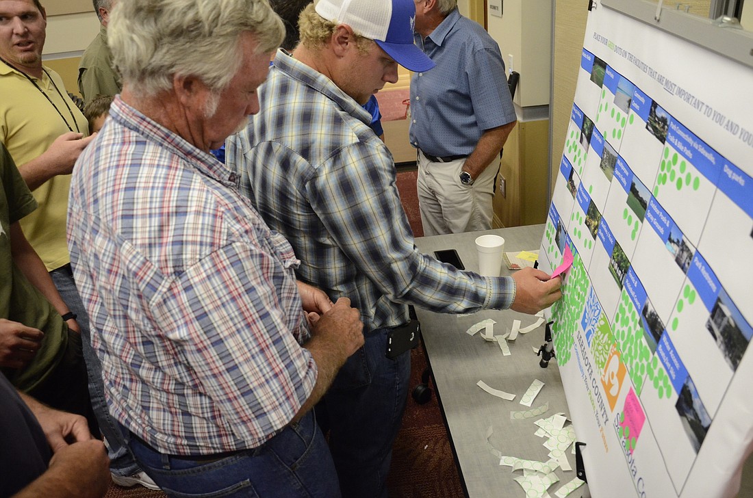 Residents stick a green dot in categories to display their preferences for Sarasota County park uses. Photo by Jessica Salmond