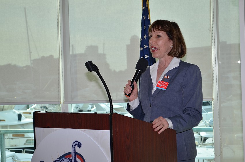 City Commissioner Eileen Normile addresses guests about the upcoming election.