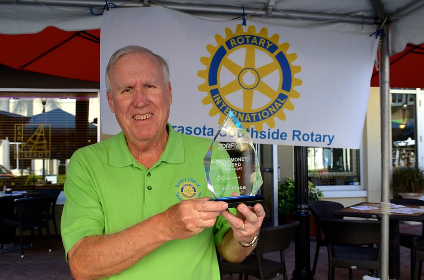 Herb Jones, incoming president of the Sarasota Southside Rotary Club, shows off the group’s first place trophy it received for raising $19,000.