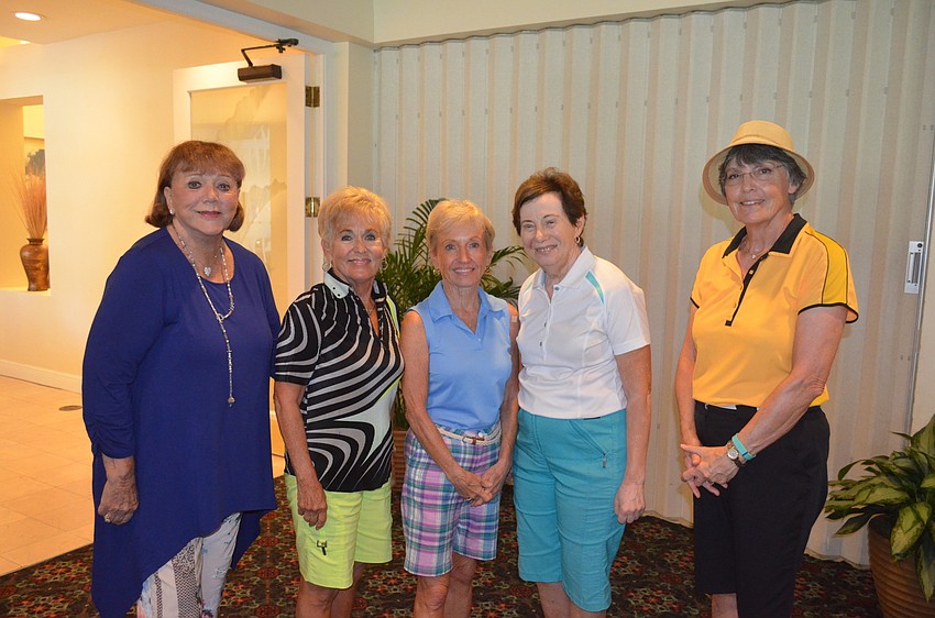 Secretary Helen Glaser, Vice President Bunny Skirboll, outgoing President Gwen Watson, Treasurer Hannah Weingerg and incoming President Carol Meese