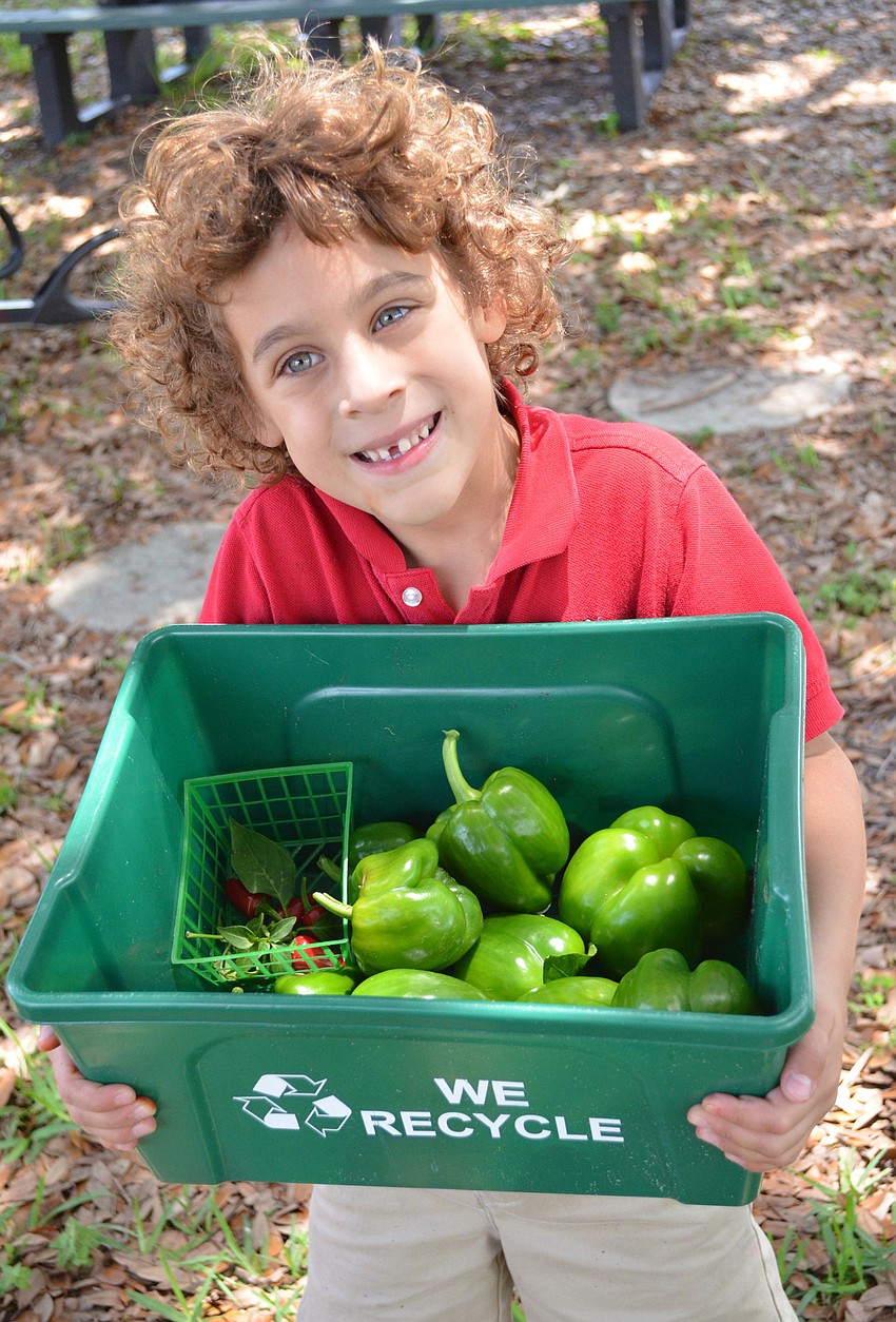 Milan Cantero with a bucket full of green peppers.