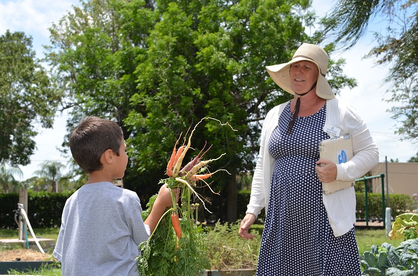 Shonna Brady inspects a bunch of carrots.