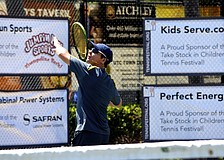 Claudiu Retean, 36, focuses on smacking the ball during match No. 1 of the Pros versus Prodigies event.
