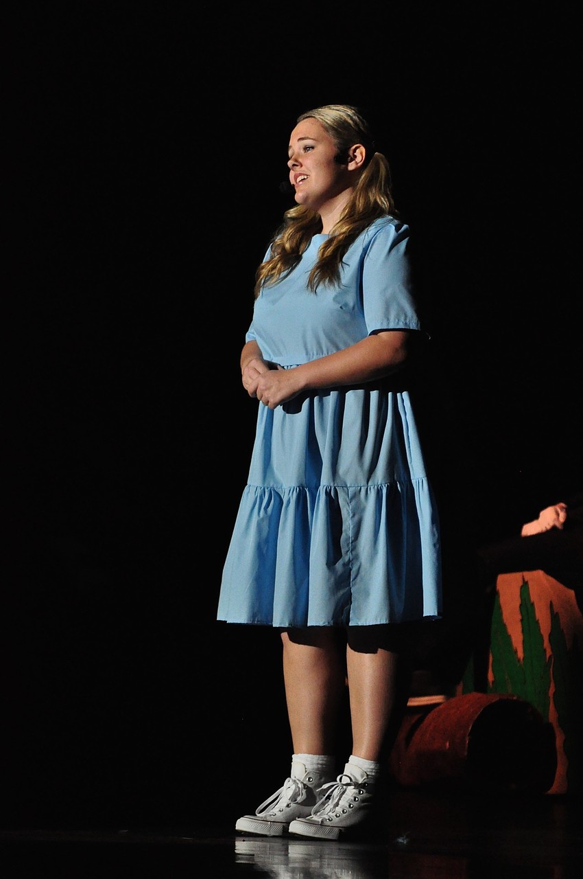 Gertrude, played by Carly Baker, sings about how she wishes her tail feathers were more beautiful so Horton will notice her.