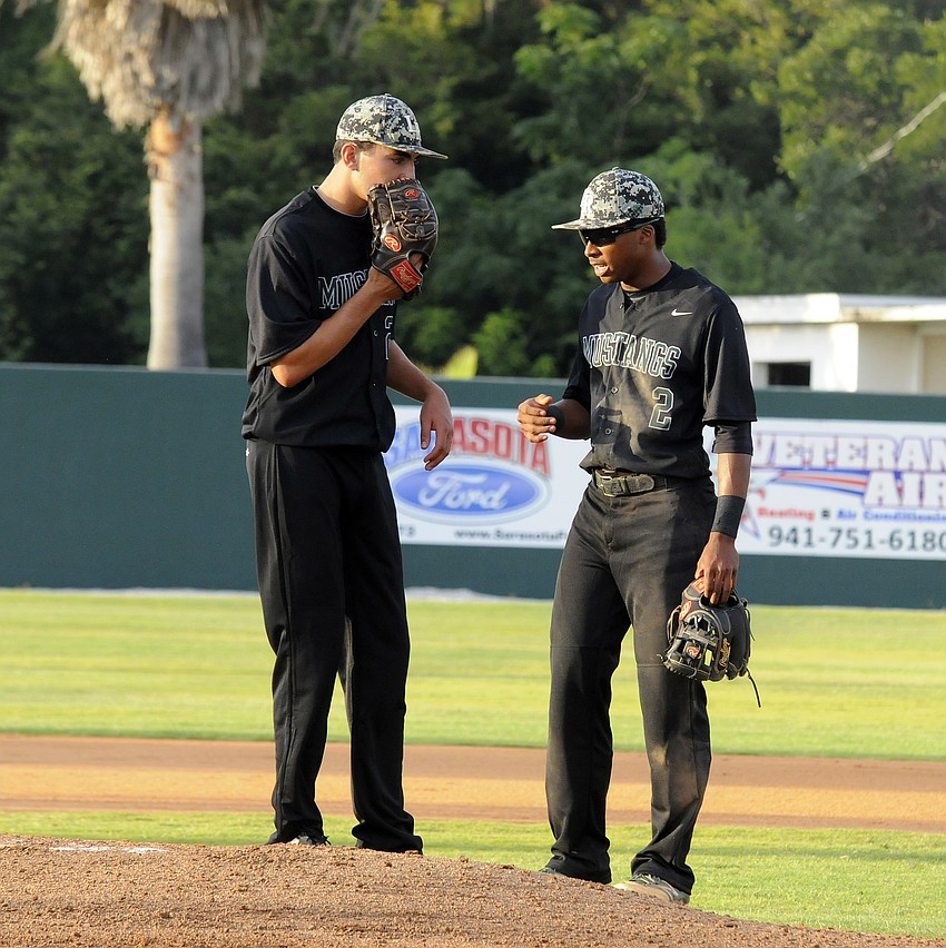 Lakewood Ranch pitcher and shortstop Cameron Pearcey talk on the mound during the first inning.