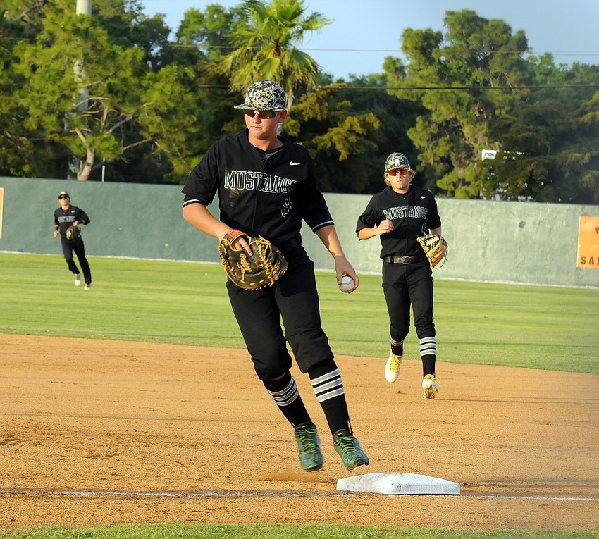 Lakewood Ranch first baseman Colton Chupp records an out in the bottom of the first inning.