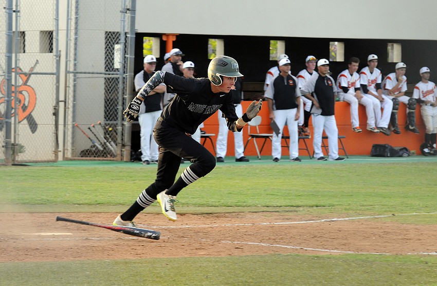 Lakewood Ranch’s Connor Hetterich heads toward first base after making contact in the second inning.