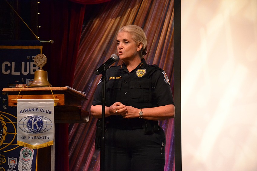 Sarasota Police Department Chief of Police Bernadette DiPino addresses members as the keynote speaker.