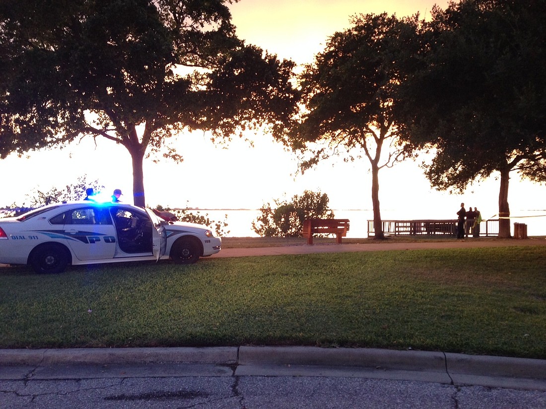 Sarasota Police officers respond to the scene of a drowning that occurred near Centennial Park Tuesday.