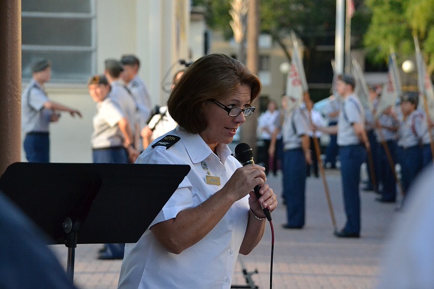 Sarasota Military Academy Head of School Christina Bowman addresses cadets during morning formation.