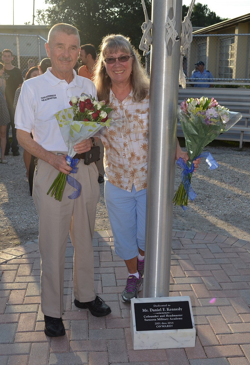Dan and Tootie Kennedy were presented with a plaque to commemorate their contributions to the Sarasota Military Academy.