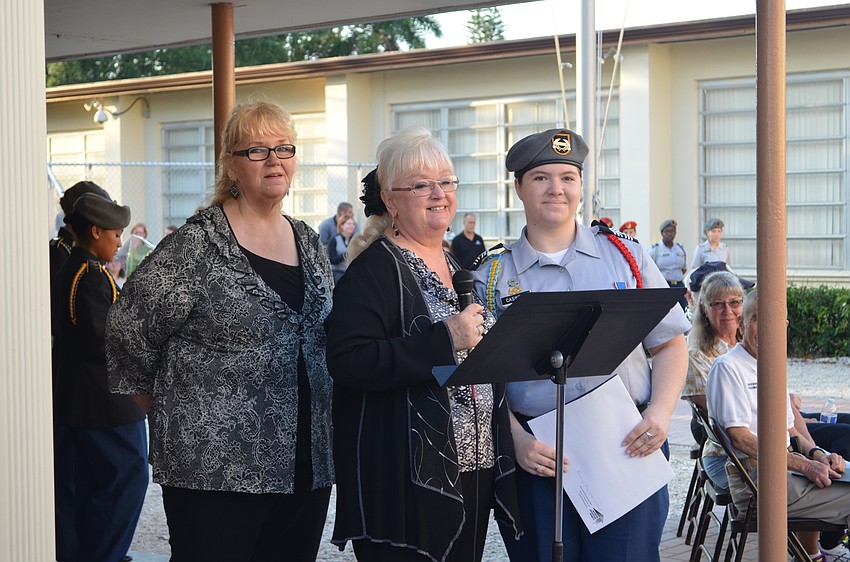 Cadet Jordan Caswell receives the Anne Frank Humanitarian Award from the Florida Holocaust Museum.