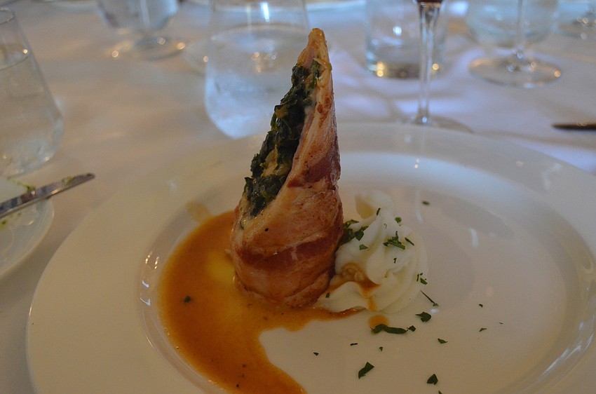 The second course, chicken rollatina stuffed with Spice & Tea’s World Festival Seasoning, provolone cheese and ham, wrapped in bacon and topped with a white whine sauce.