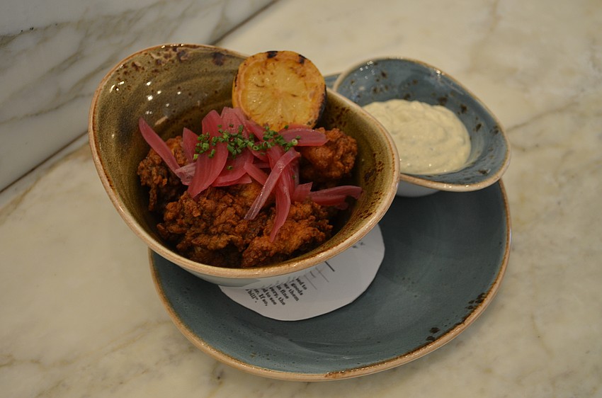 BBQ Fried Oysters (Winter Park “Sunshine Blue” cheese, pickled onions, oysters)