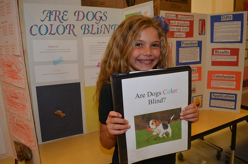 Third-grader Gabby Stamos completed a project on whether dogs are color blind.