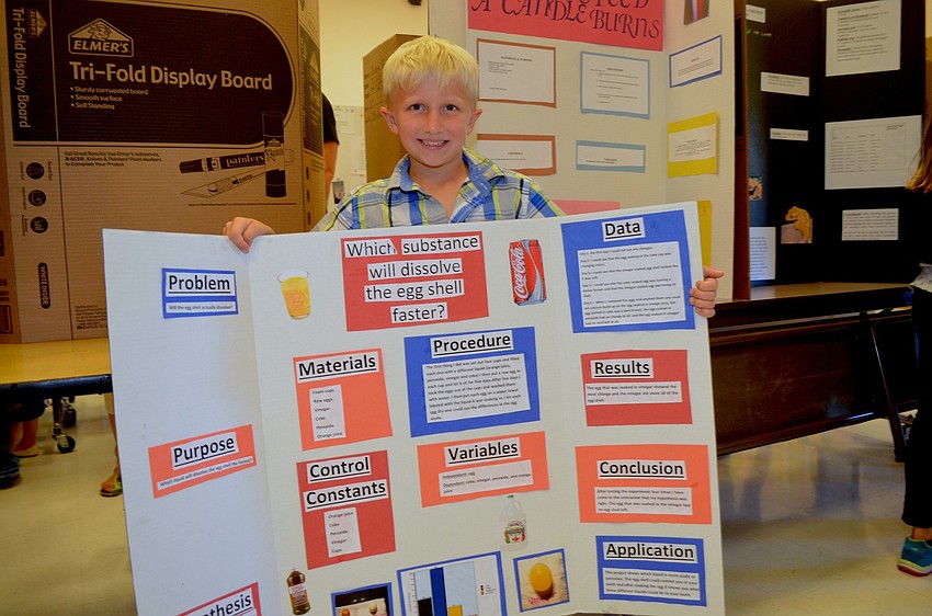 Eight-year-old Chase Dougal completed a project on what liquids can dissolve egg shells the fastest.