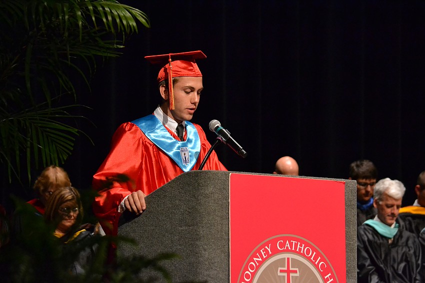 Senior Class President Mitchell Gannon delivers the invocation.